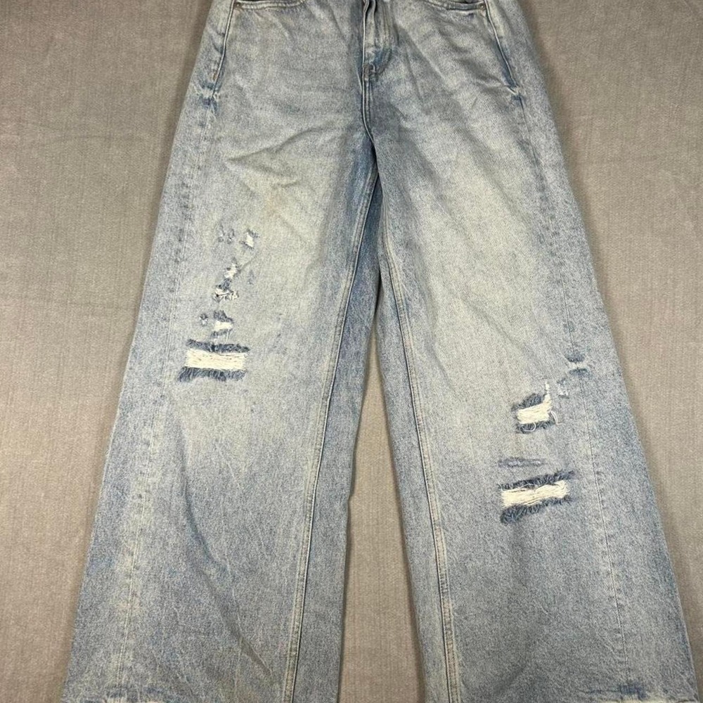 Primark Denim Co Light Wash Distressed Wide Leg Jeans Blue Ripped High Rise Sz 4